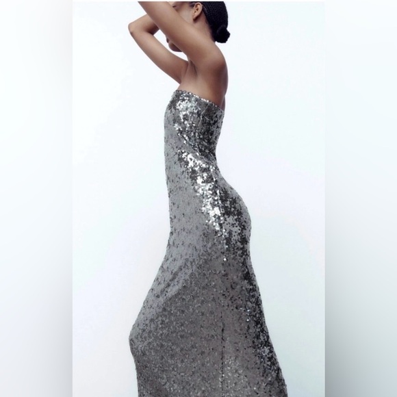 Zara Silver Sequin Strapless Long Dress with Slit - Picture 4 of 7